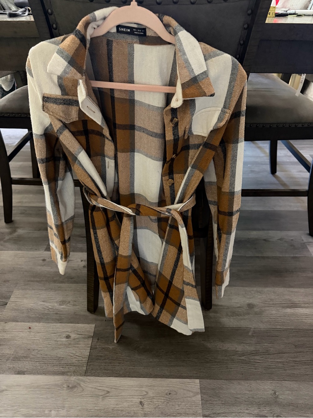 SHEIN Plaid Belted Trench Coatigan in White, Brown & Tan